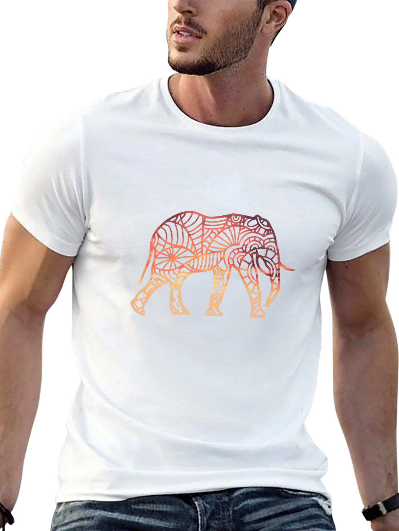 Camiseta Negra con Diseño de Elefante Mandala Degradado