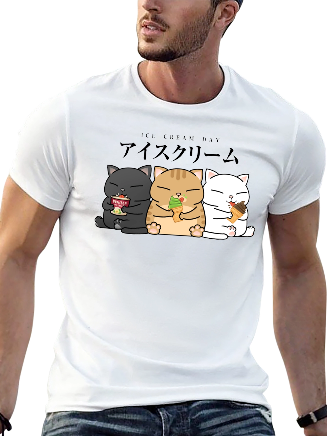 Camiseta Negra con Diseño de Gatos y Helado