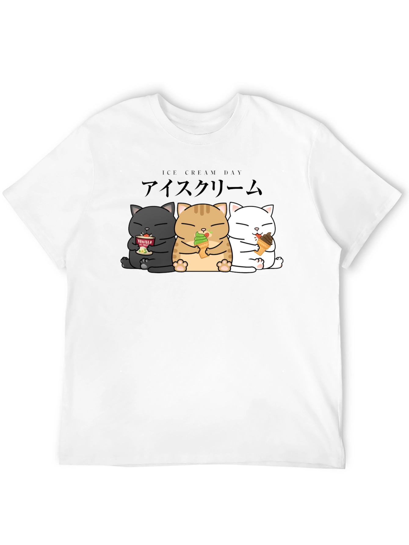 Camiseta Negra con Diseño de Gatos y Helado