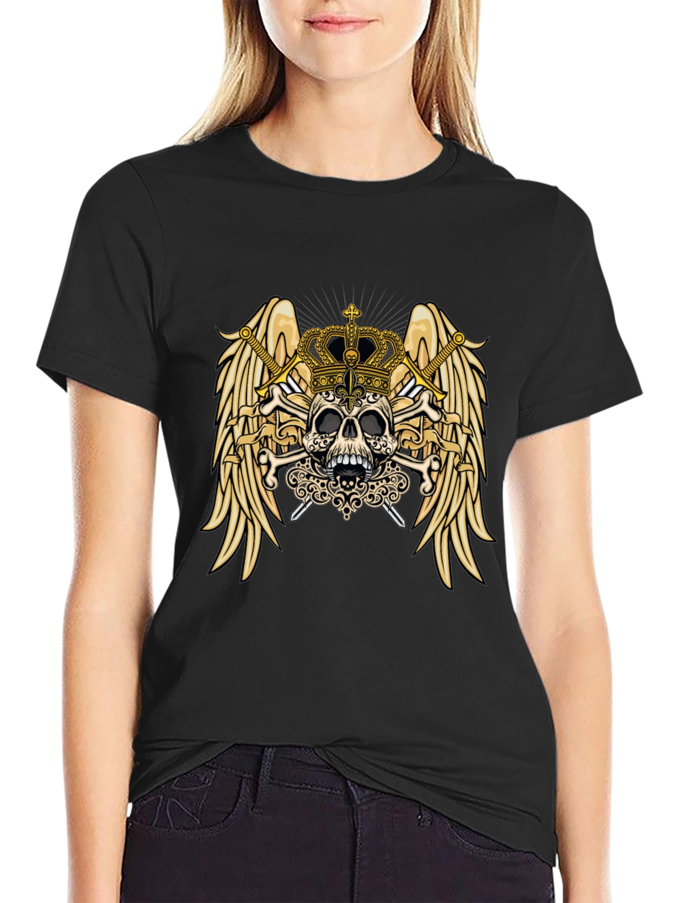 Camiseta Negra con Diseño de Calavera y Corona