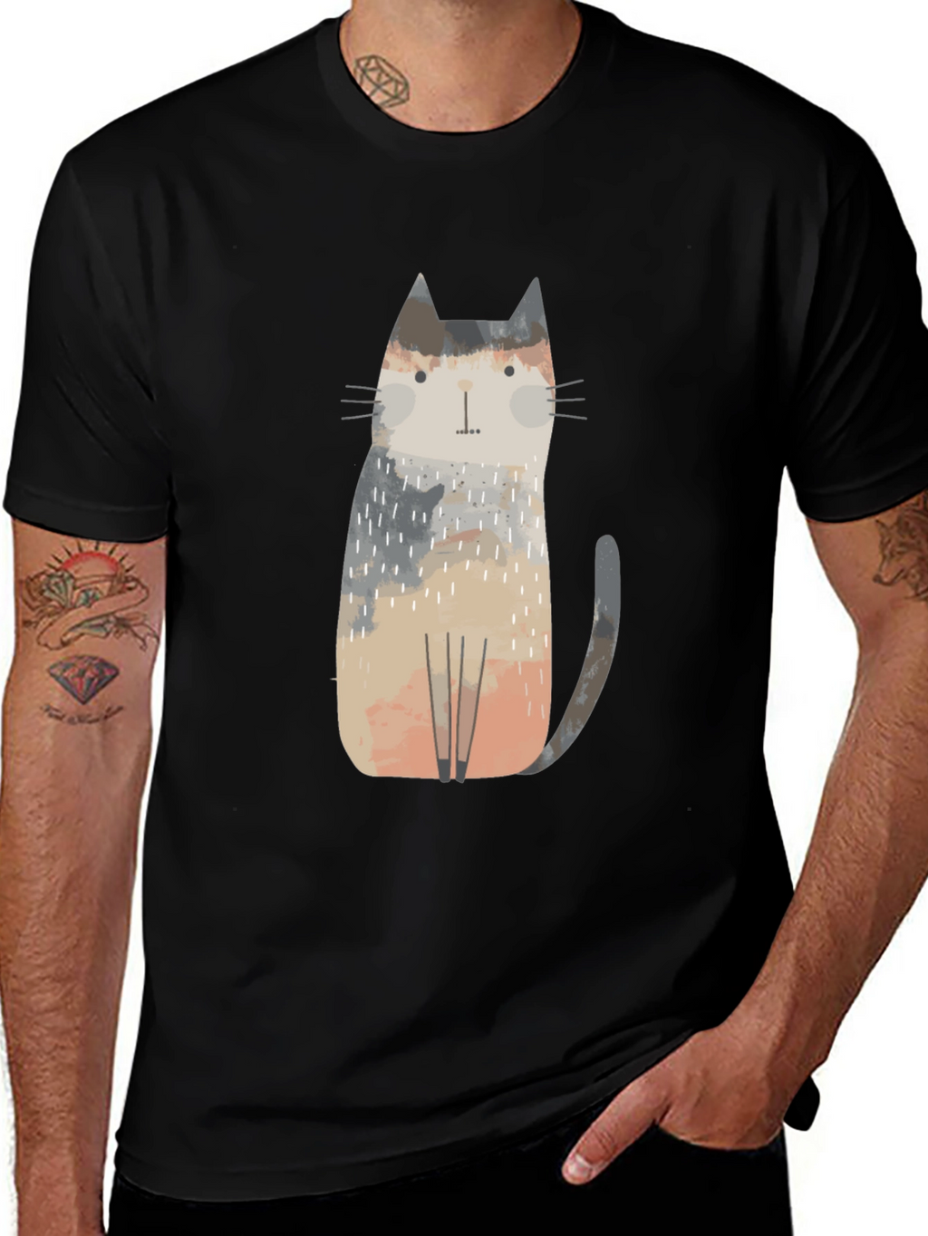 Camiseta Negra con Diseño de Gato Abstracto