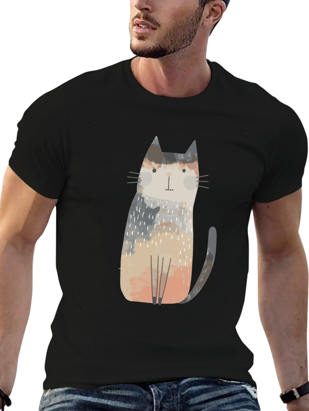 Camiseta Negra con Diseño de Gato Abstracto
