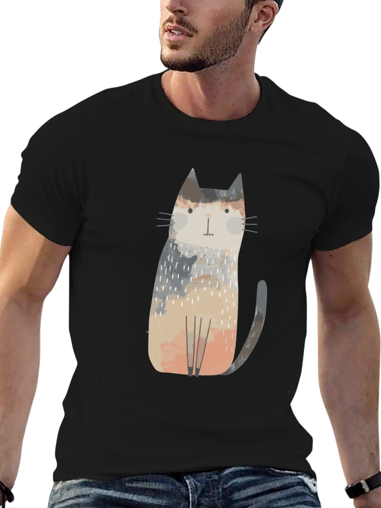 Camiseta Negra con Diseño de Gato Abstracto