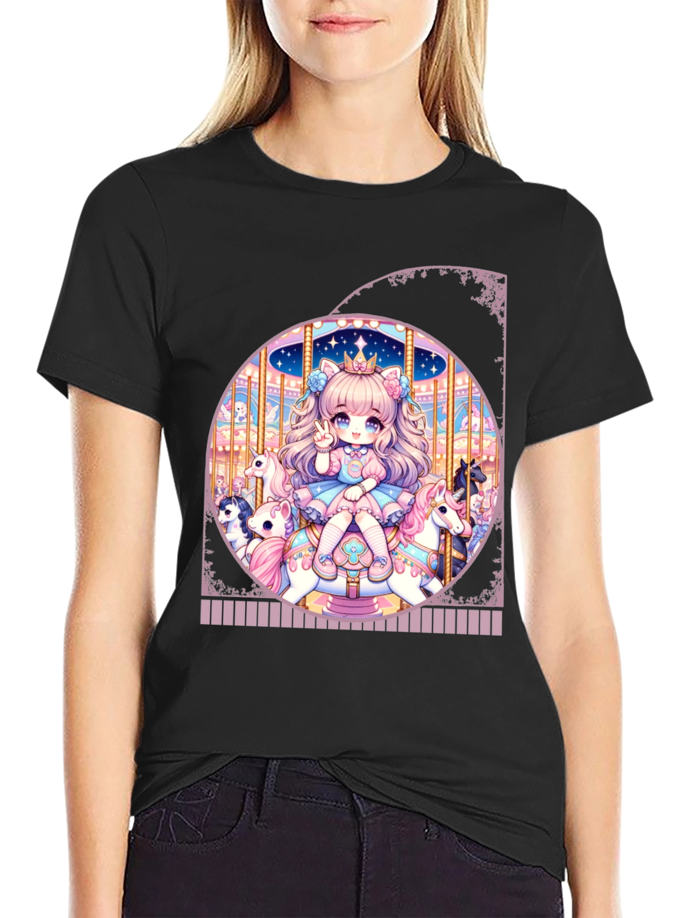 Camiseta Negra con Diseño de Carrusel Anime
