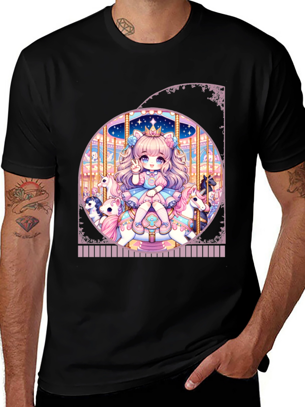 Camiseta Negra con Diseño de Carrusel Anime