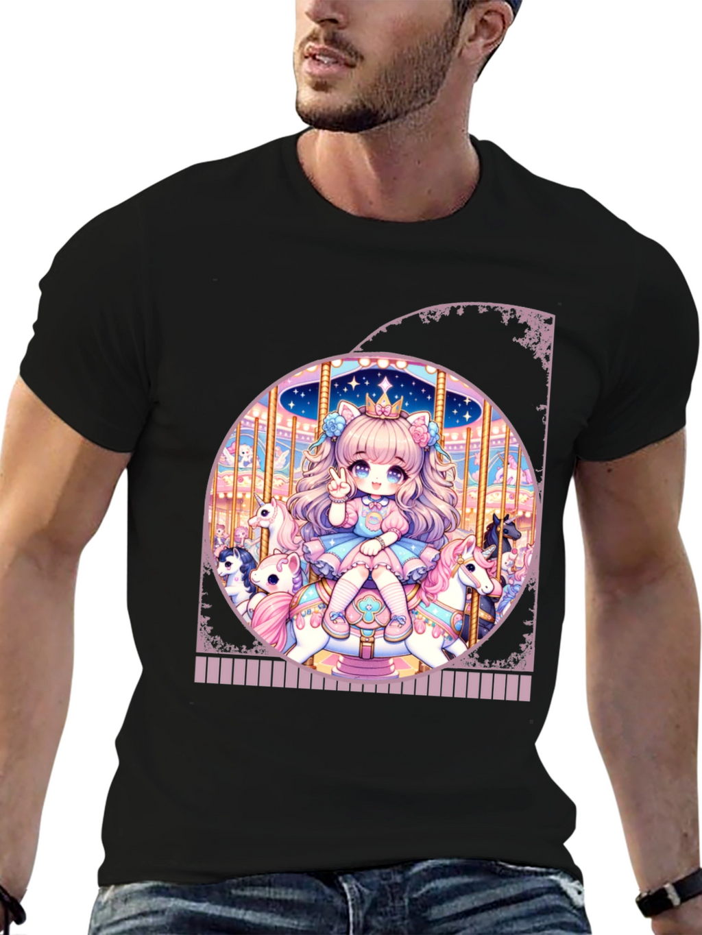 Camiseta Negra con Diseño de Carrusel Anime