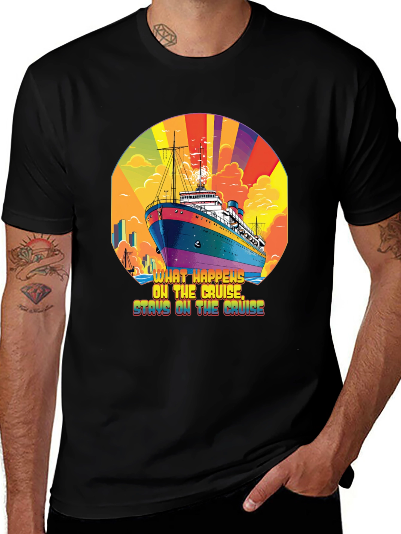 Camiseta Negra con Diseño de Crucero y Frase Divertida