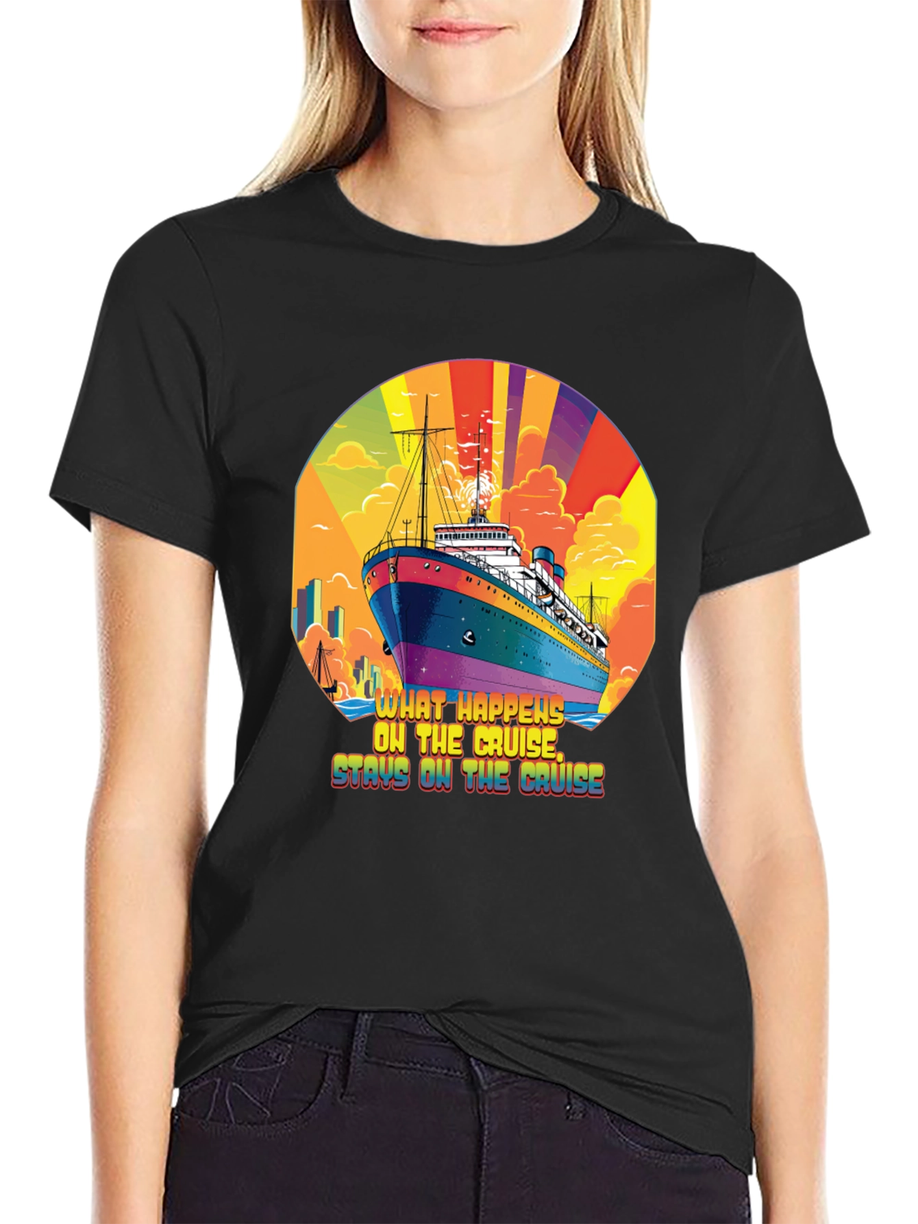Camiseta Negra con Diseño de Crucero y Frase Divertida