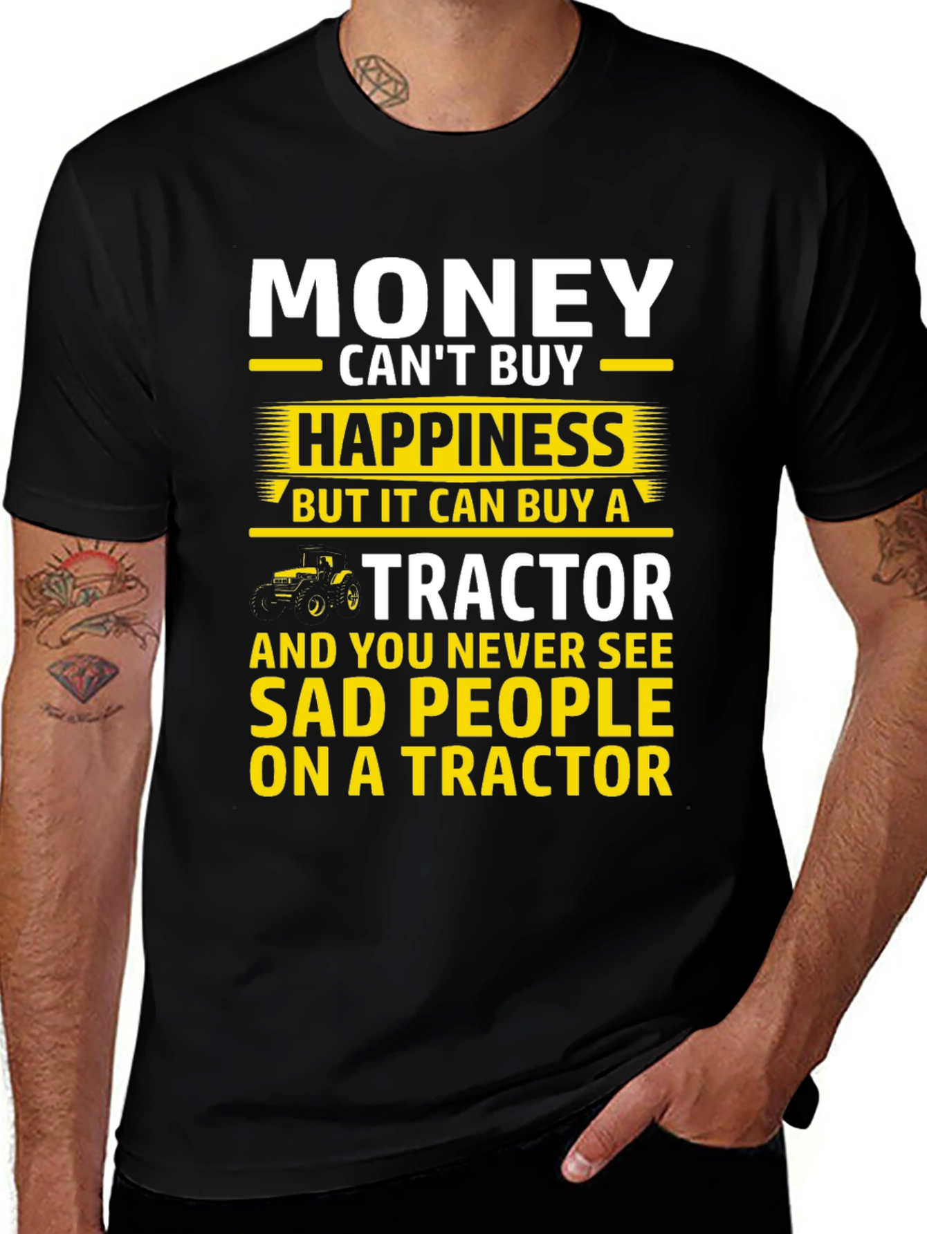 Camiseta Hombre: Dinero Felicidad y Tractores