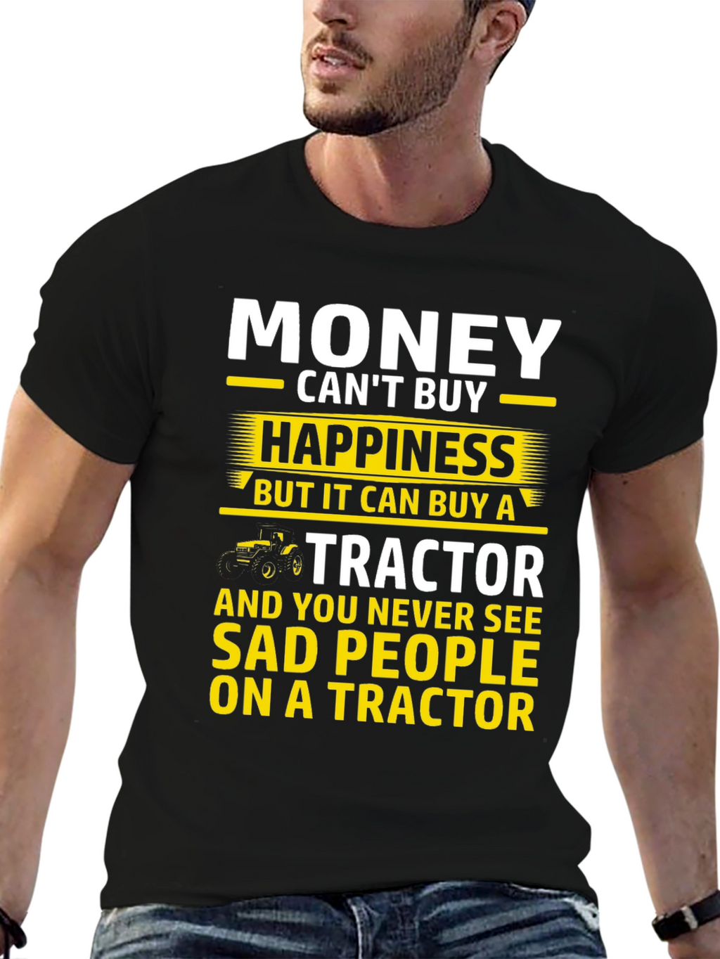 Camiseta Hombre: Dinero Felicidad y Tractores