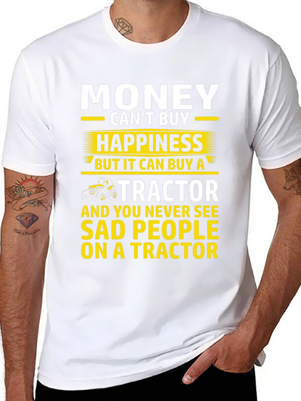 Camiseta Hombre: Dinero Felicidad y Tractores