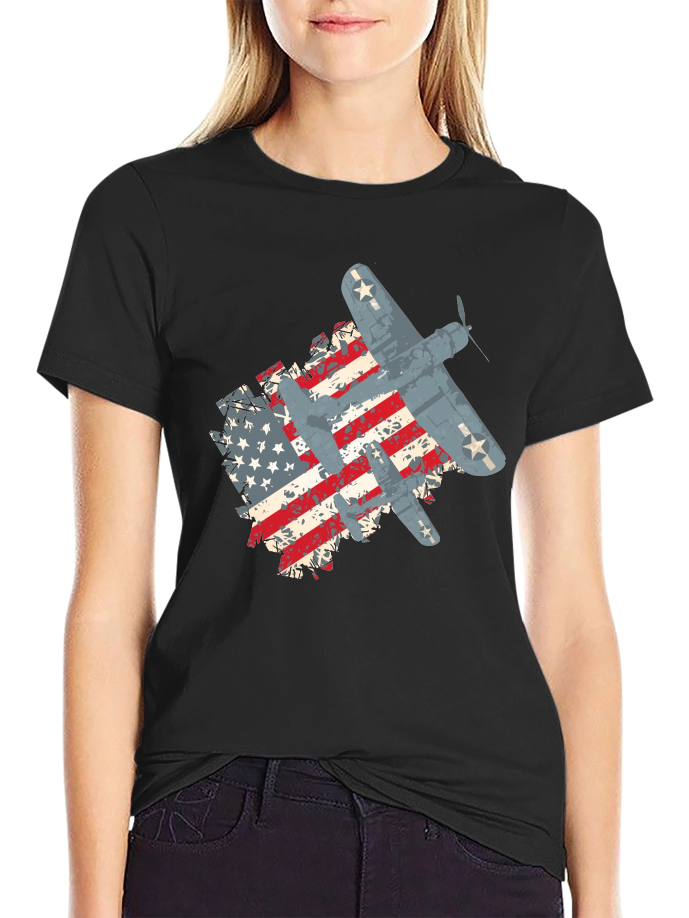 Camiseta Negra con Diseño de Bandera Americana y Aviones