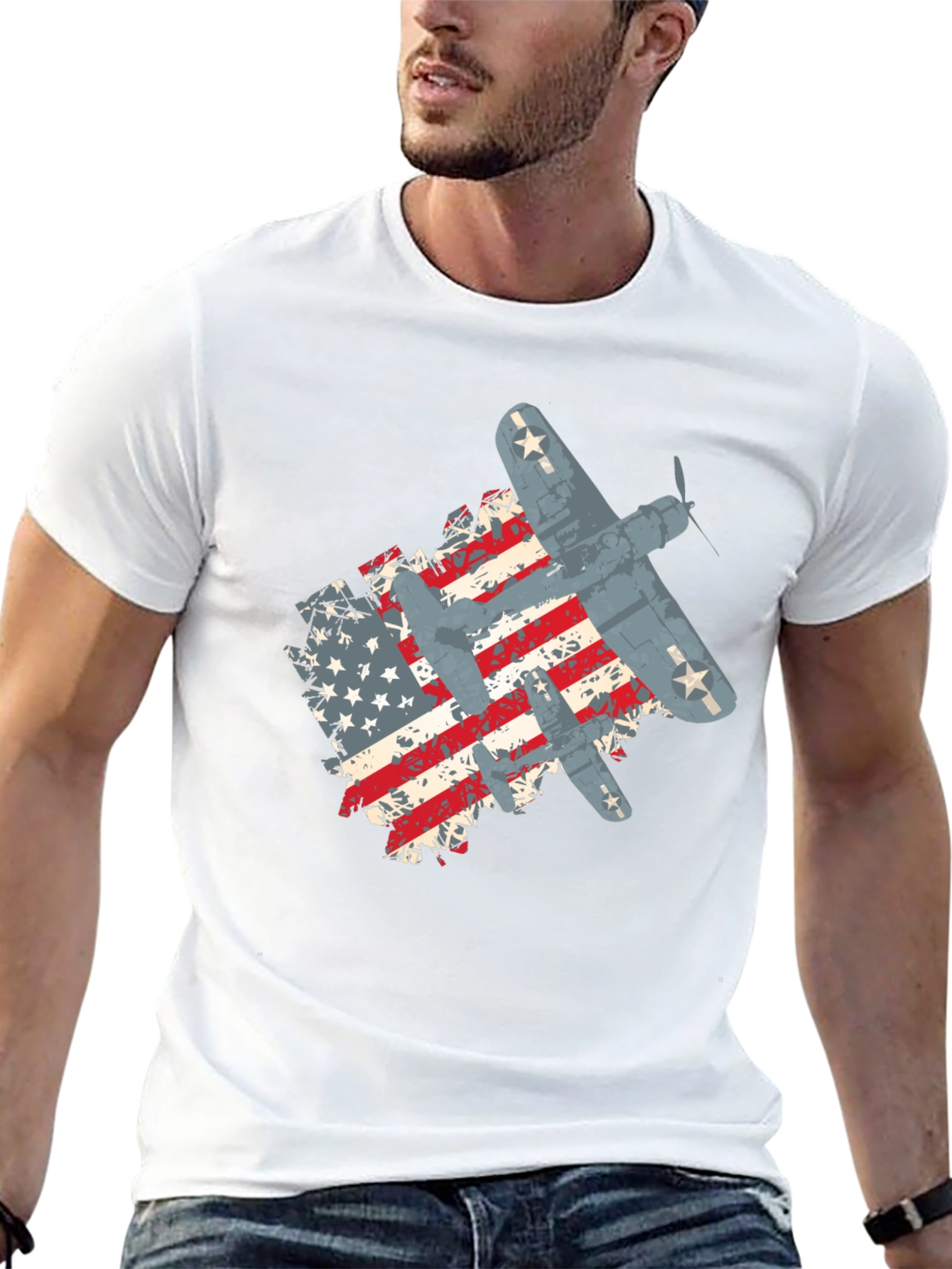 Camiseta Negra con Diseño de Bandera Americana y Aviones