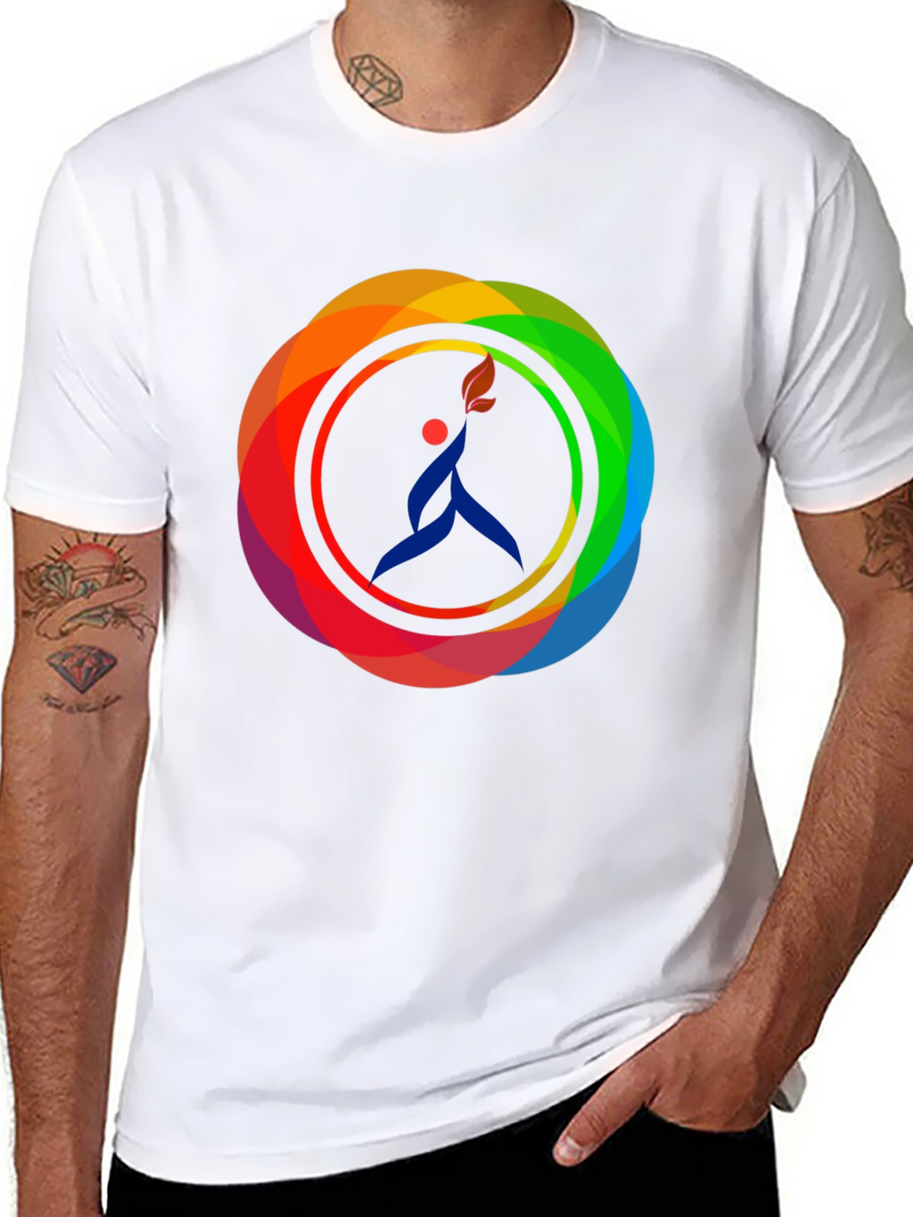 Camiseta Negra con Diseño Circular de Arcoíris