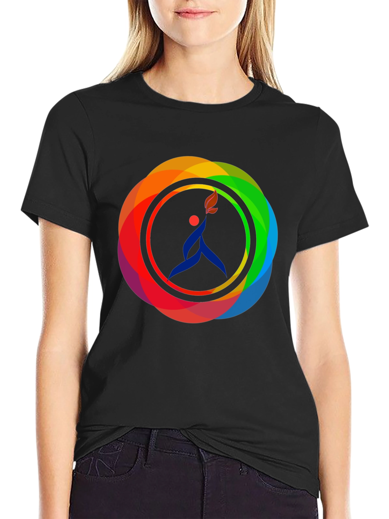 Camiseta Negra con Diseño Circular de Arcoíris