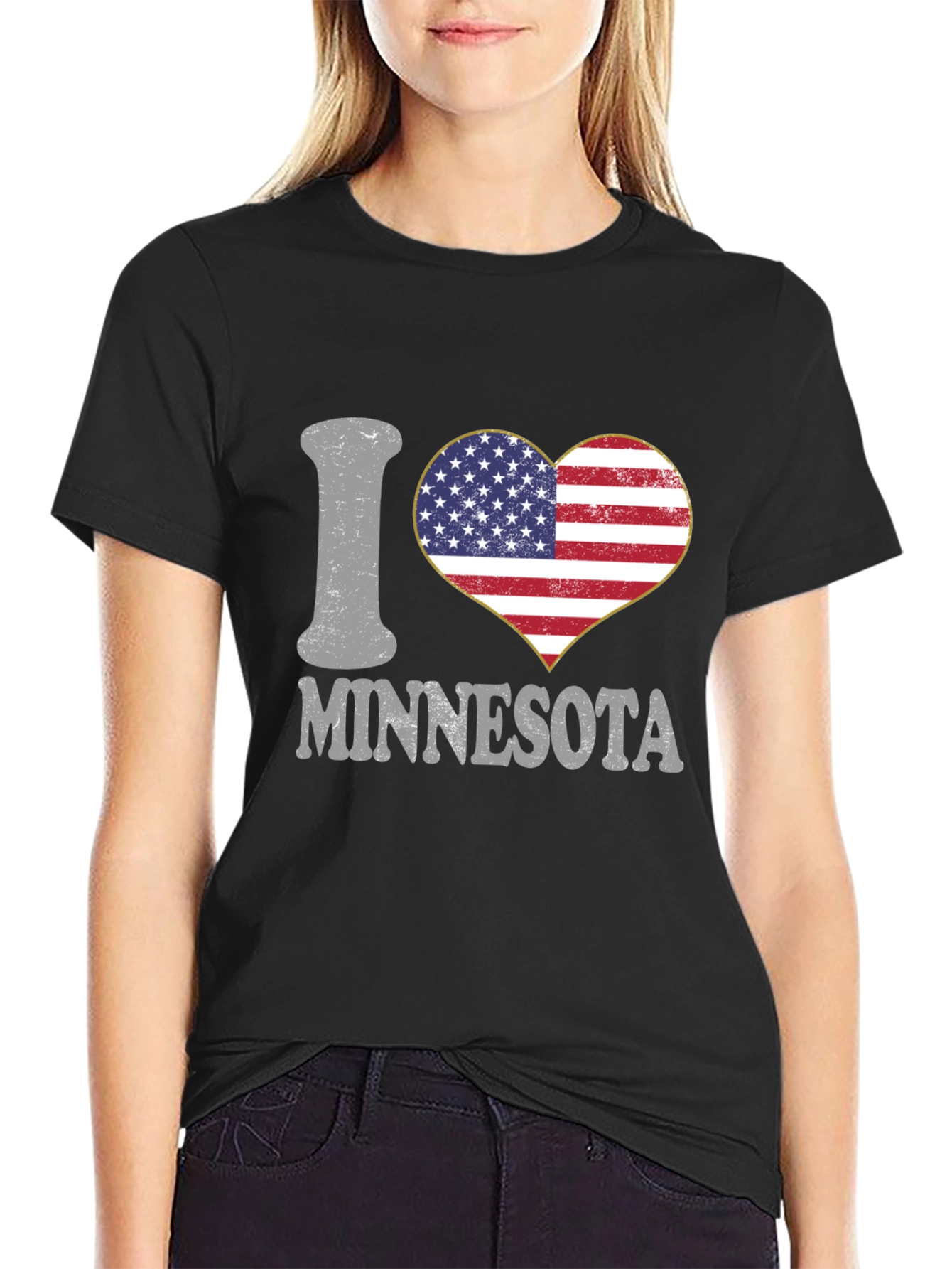 Camiseta Negra Amo Minnesota Corazón Bandera USA