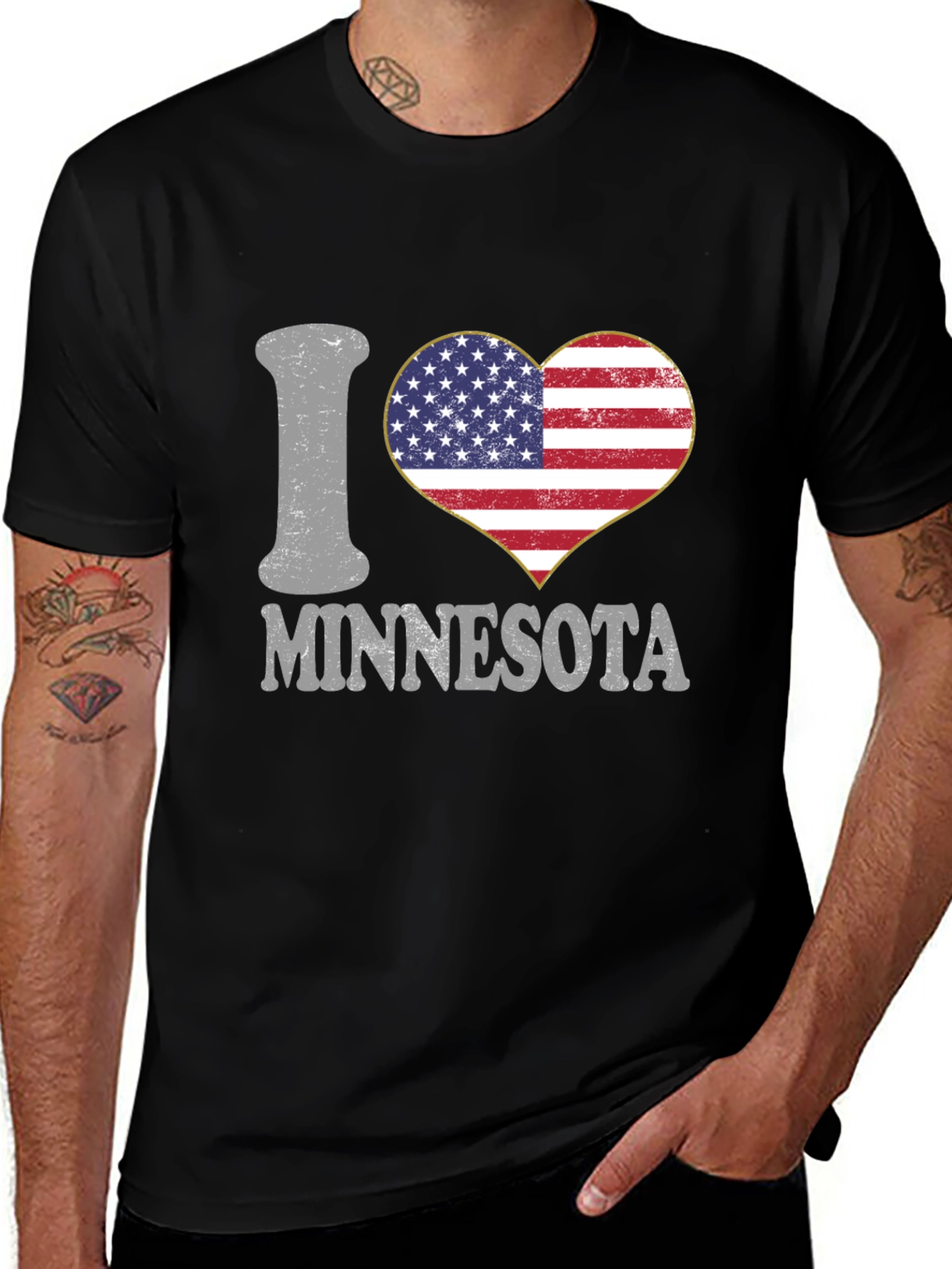Camiseta Negra Amo Minnesota Corazón Bandera USA