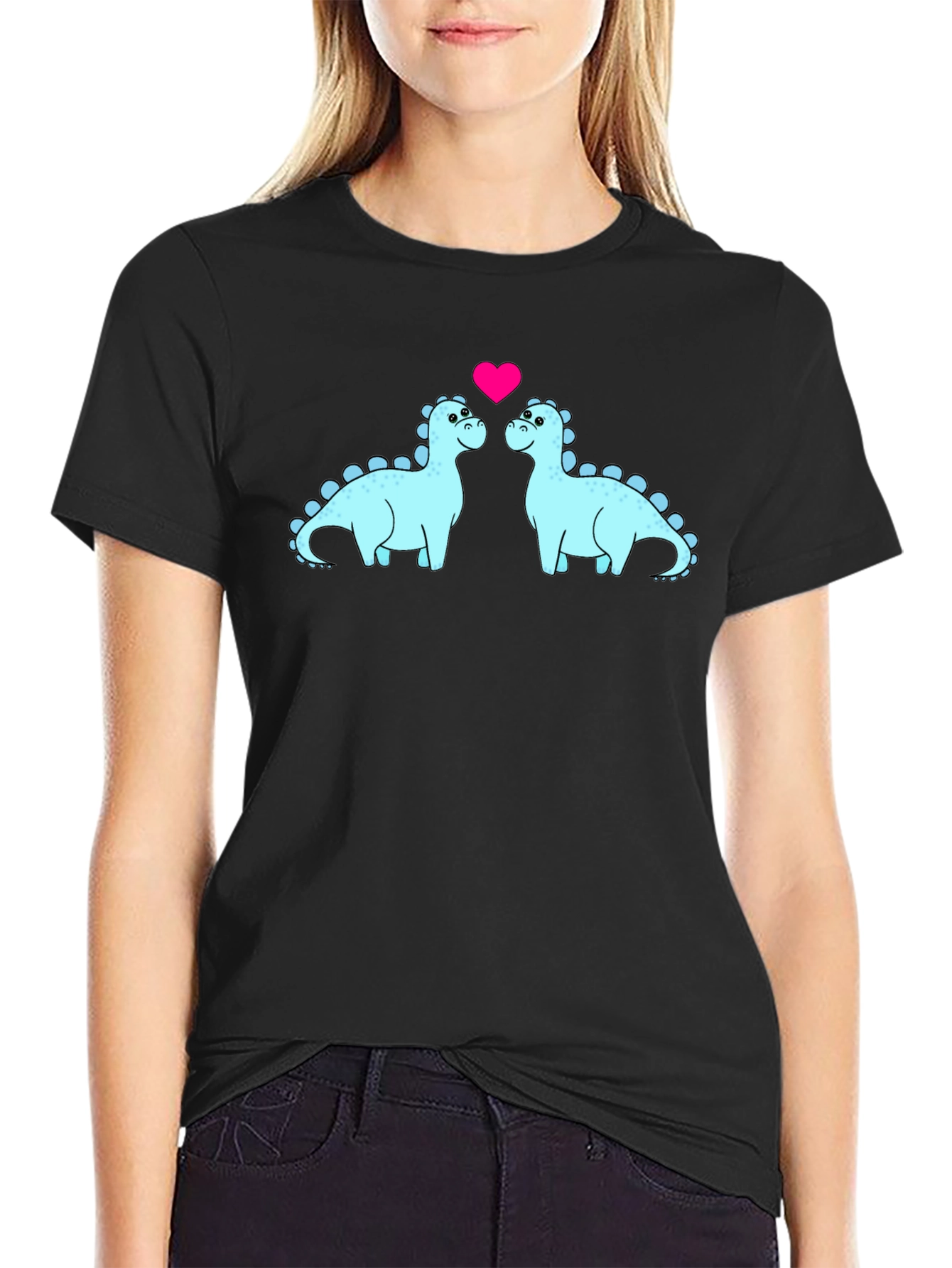 Camiseta Negra con Diseño de Dinosaurios Enamorados