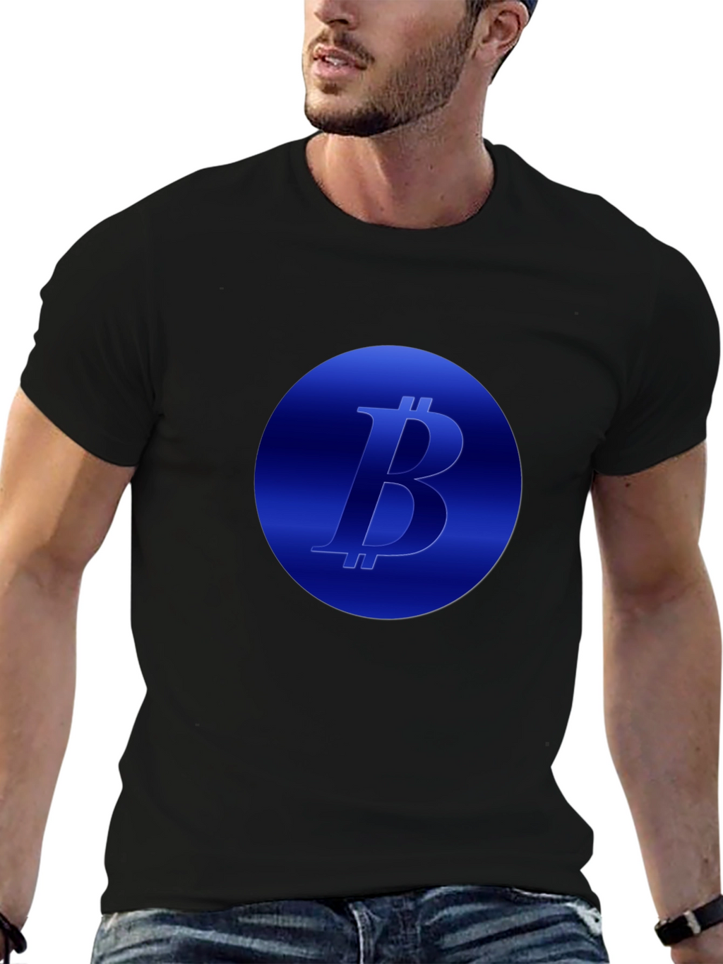 Camiseta Negra Bitcoin Diseño Circular Azul