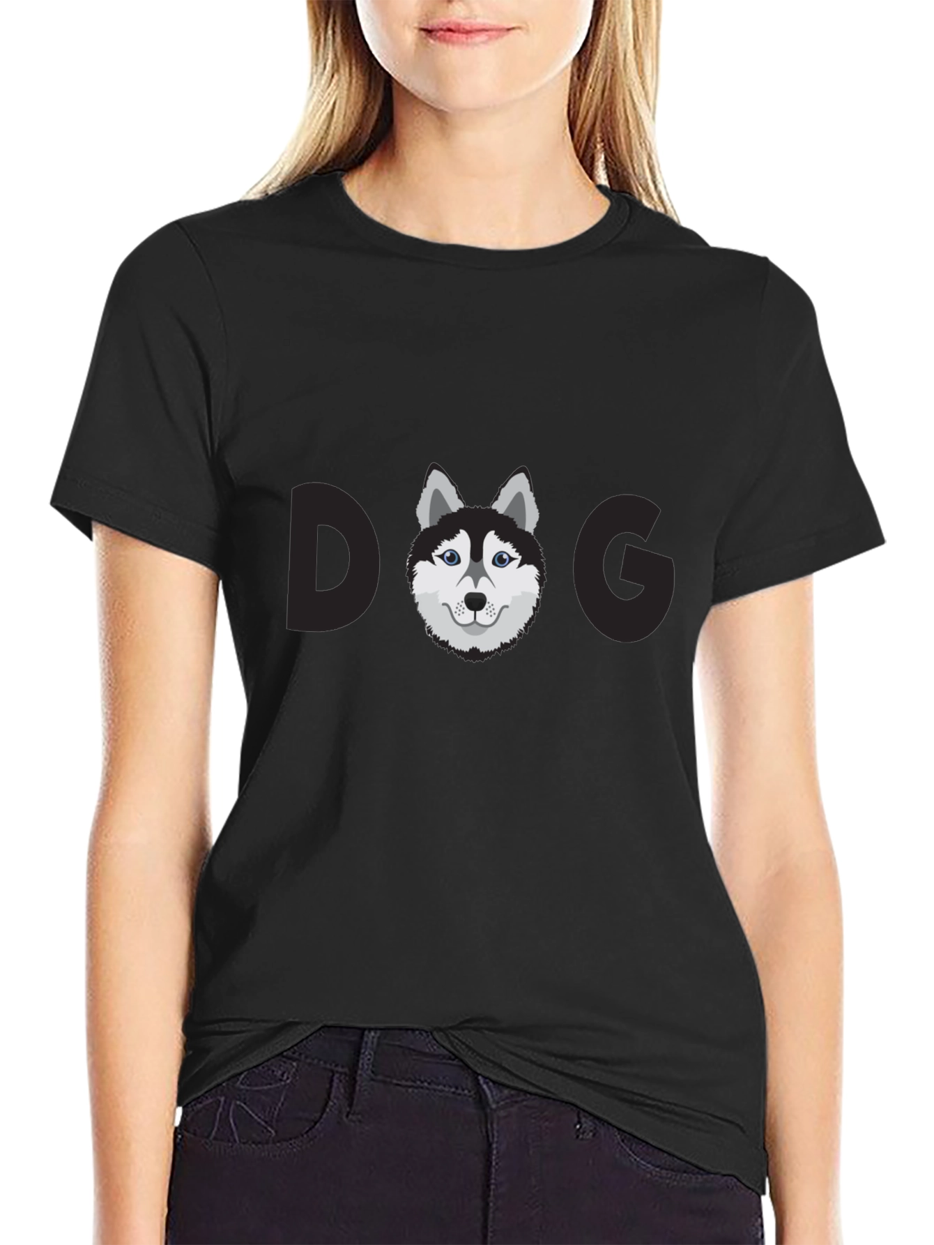 Camiseta Negra con Diseño de Perro Husky