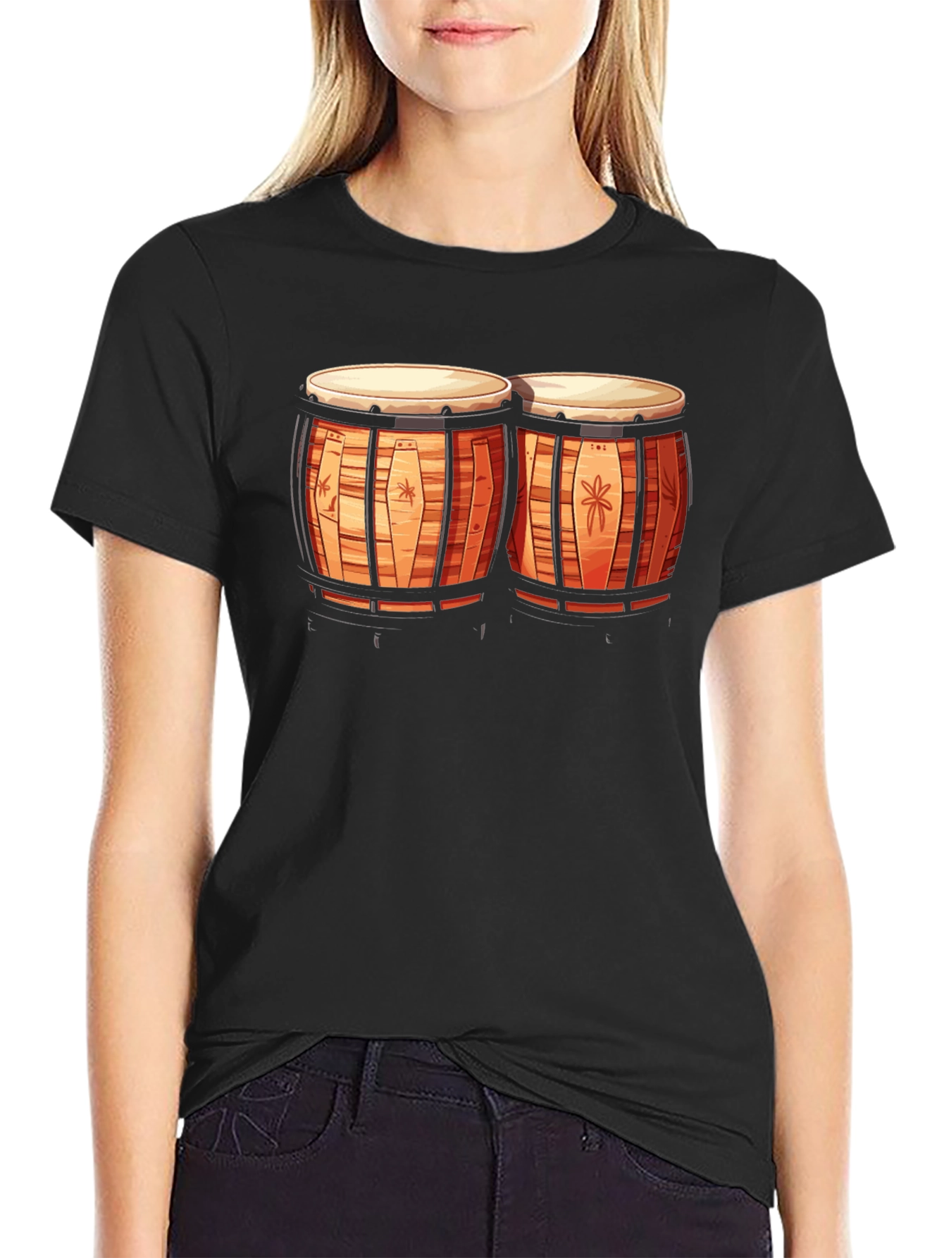 Camiseta Negra con Diseño de Bongos Tropicales