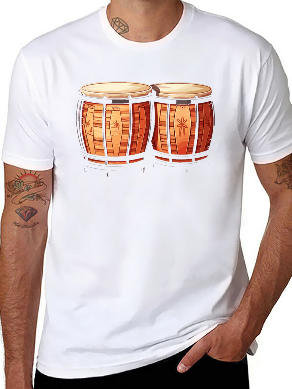 Camiseta Negra con Diseño de Bongos Tropicales
