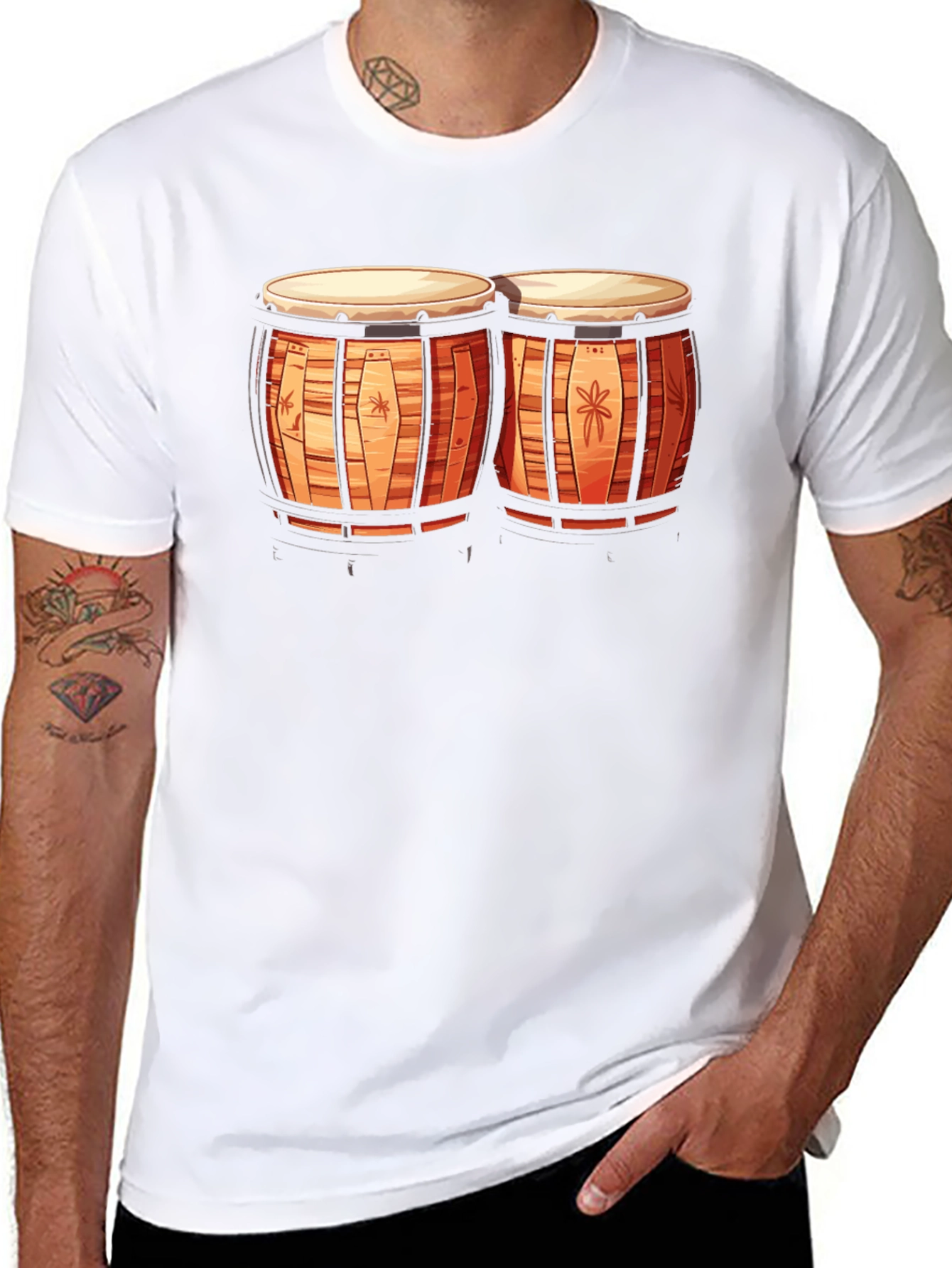 Camiseta Negra con Diseño de Bongos Tropicales