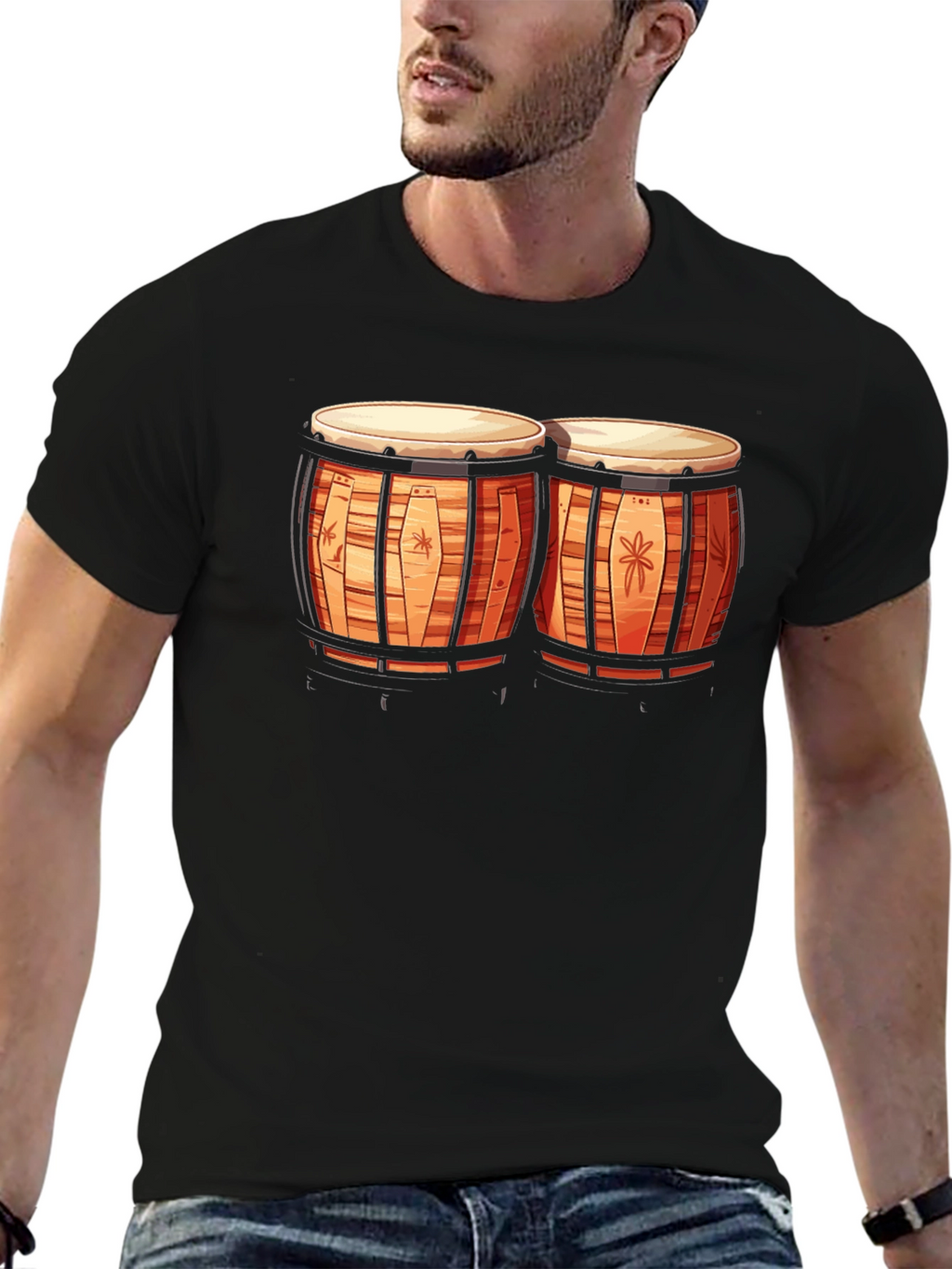 Camiseta Negra con Diseño de Bongos Tropicales