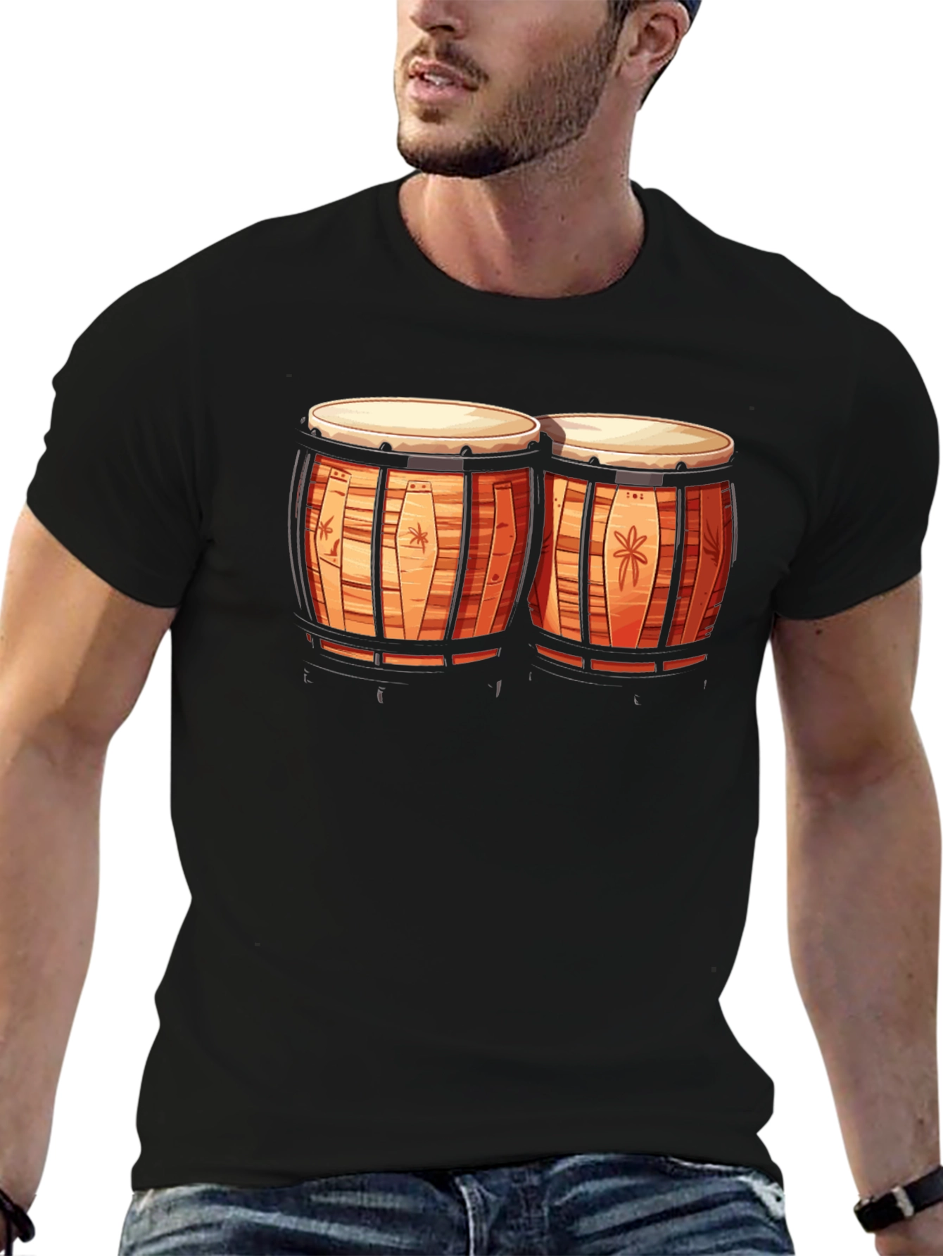Camiseta Negra con Diseño de Bongos Tropicales