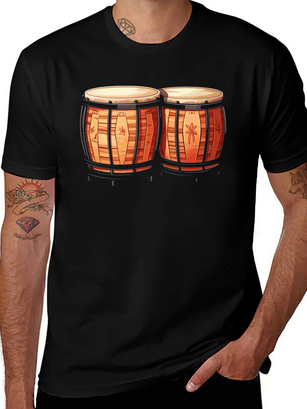 Camiseta Negra con Diseño de Bongos Tropicales
