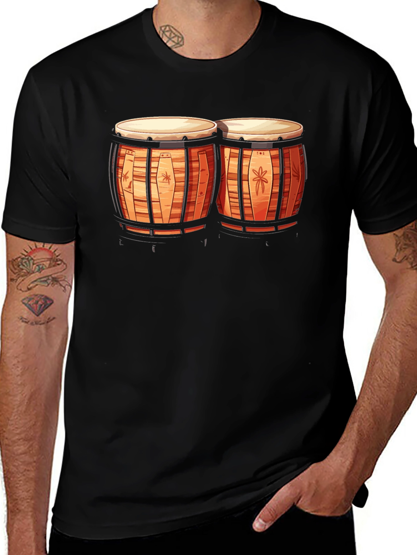 Camiseta Negra con Diseño de Bongos Tropicales