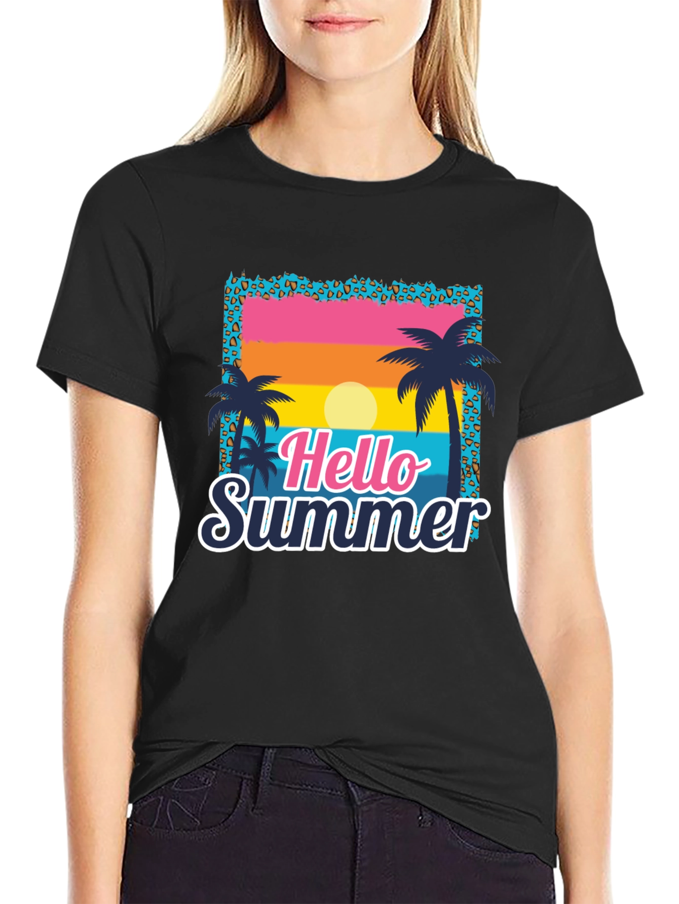Camiseta Hello Summer con Estampado Tropical