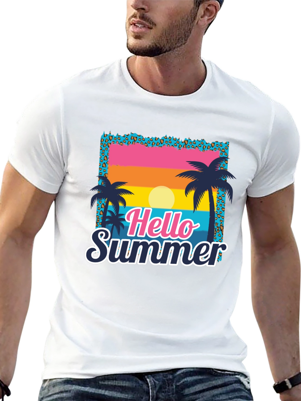 Camiseta Hello Summer con Estampado Tropical