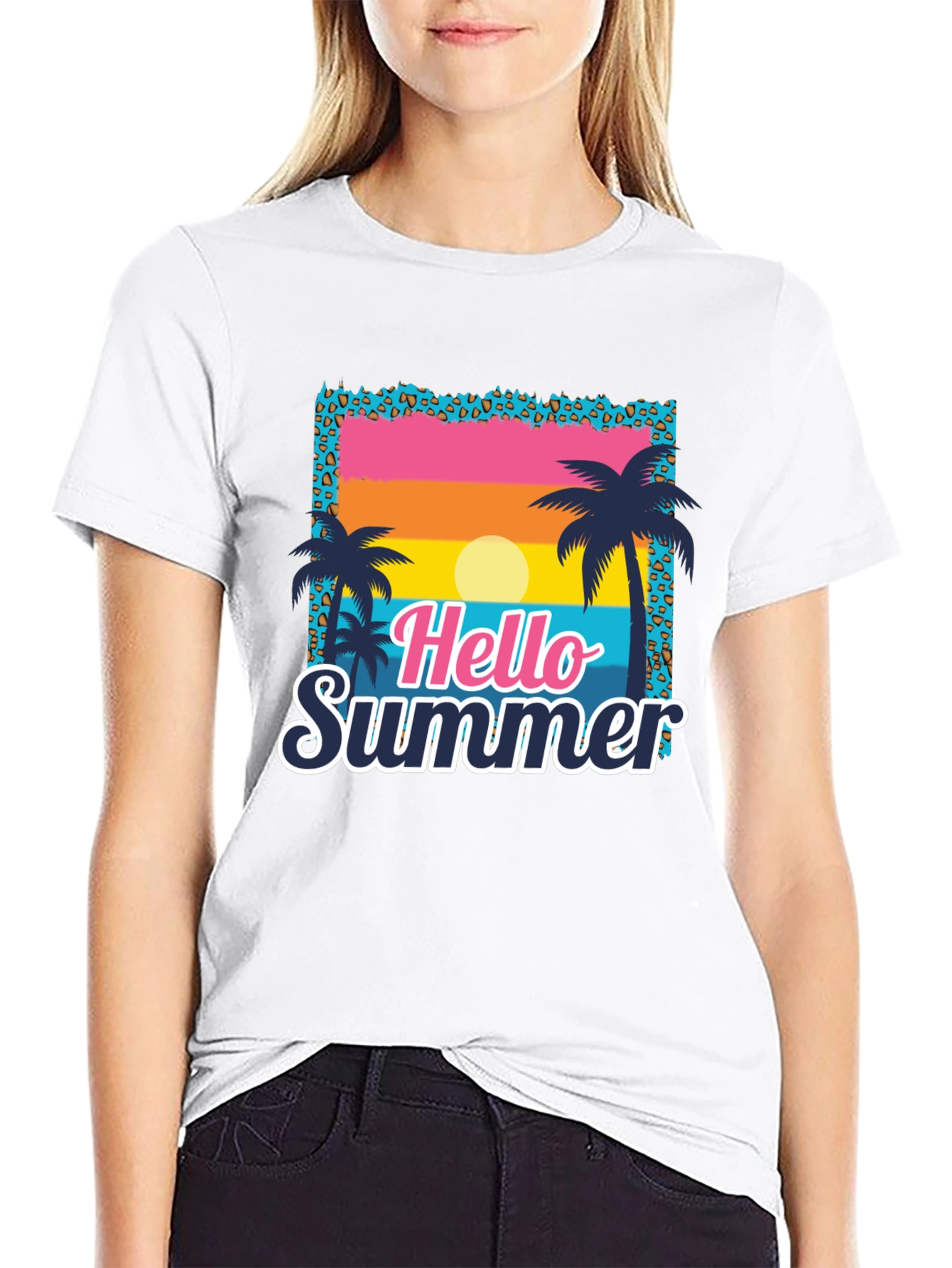 Camiseta Hello Summer con Estampado Tropical