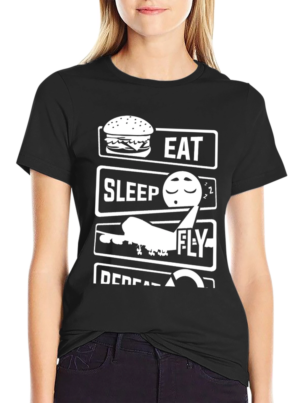 Camiseta Negra Come Duerme Vuela Repite