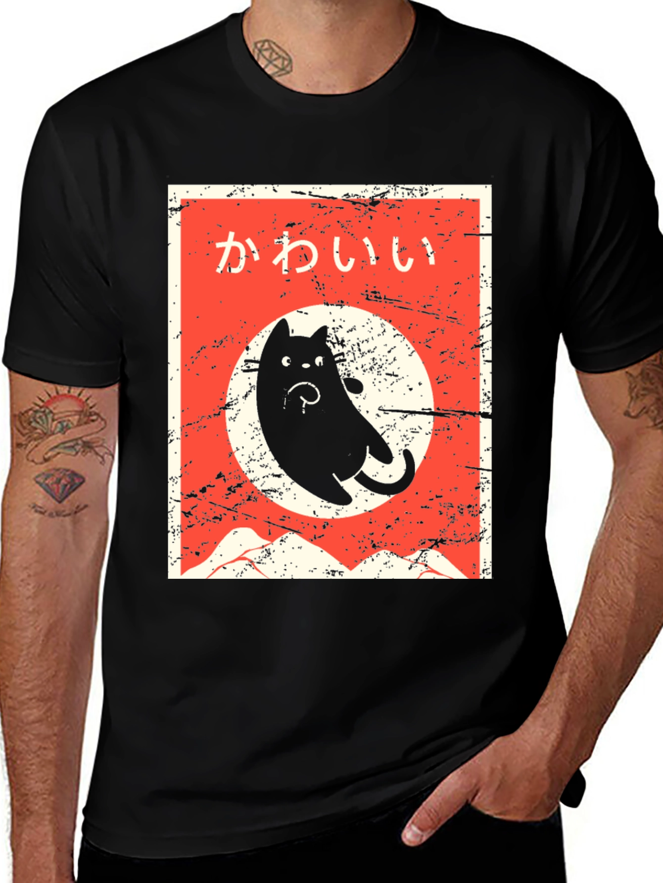 Camiseta Negra con Diseño de Gato Kawaii Japonés