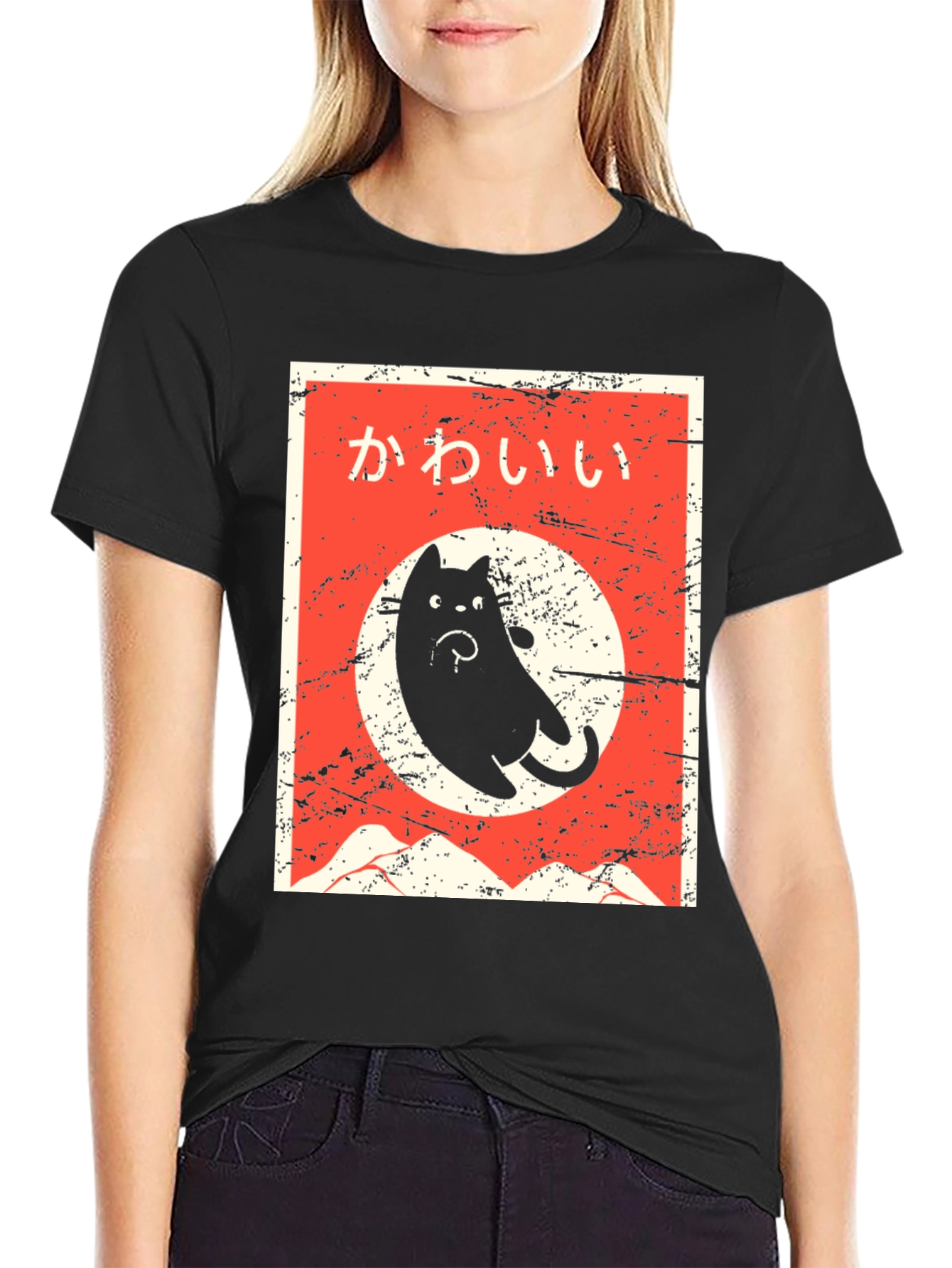 Camiseta Negra con Diseño de Gato Kawaii Japonés