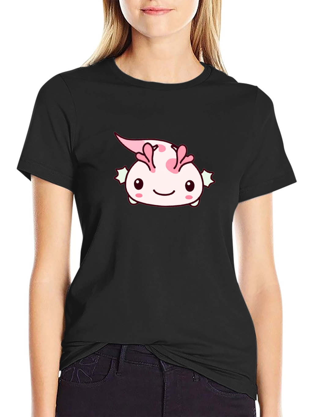 Camiseta Negra con Diseño de Ajolote Kawaii