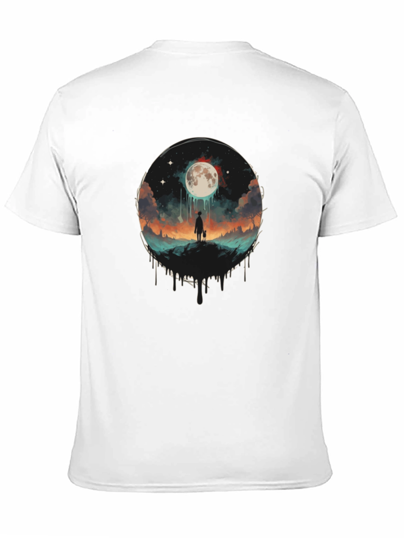 Camiseta Negra con Diseño de Luna y Paisaje Onírico