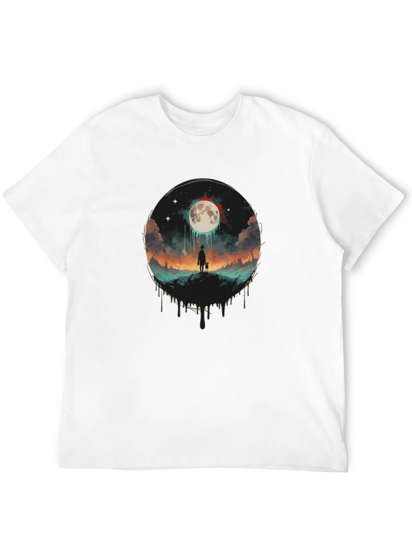 Camiseta Negra con Diseño de Luna y Paisaje Onírico