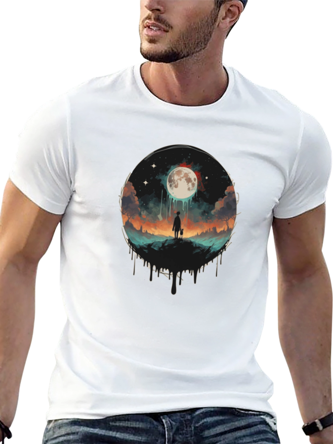 Camiseta Negra con Diseño de Luna y Paisaje Onírico