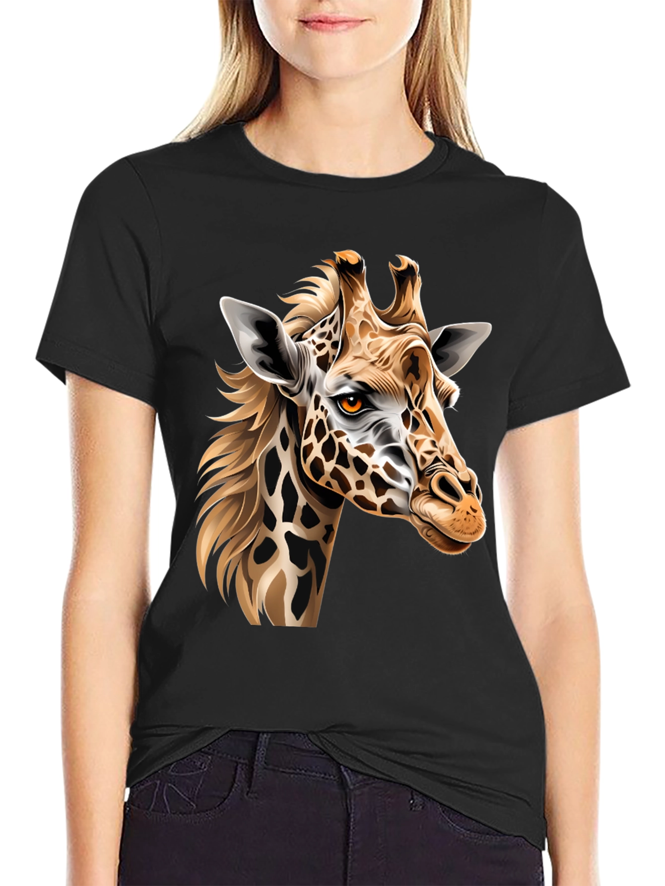 Camiseta Negra con Diseño de Jirafa Artística