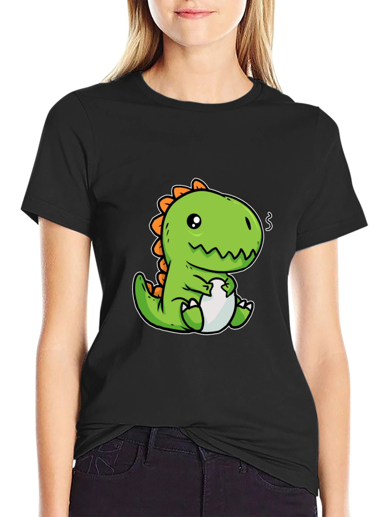 Camiseta Negra con Diseño de Dinosaurio Kawaii
