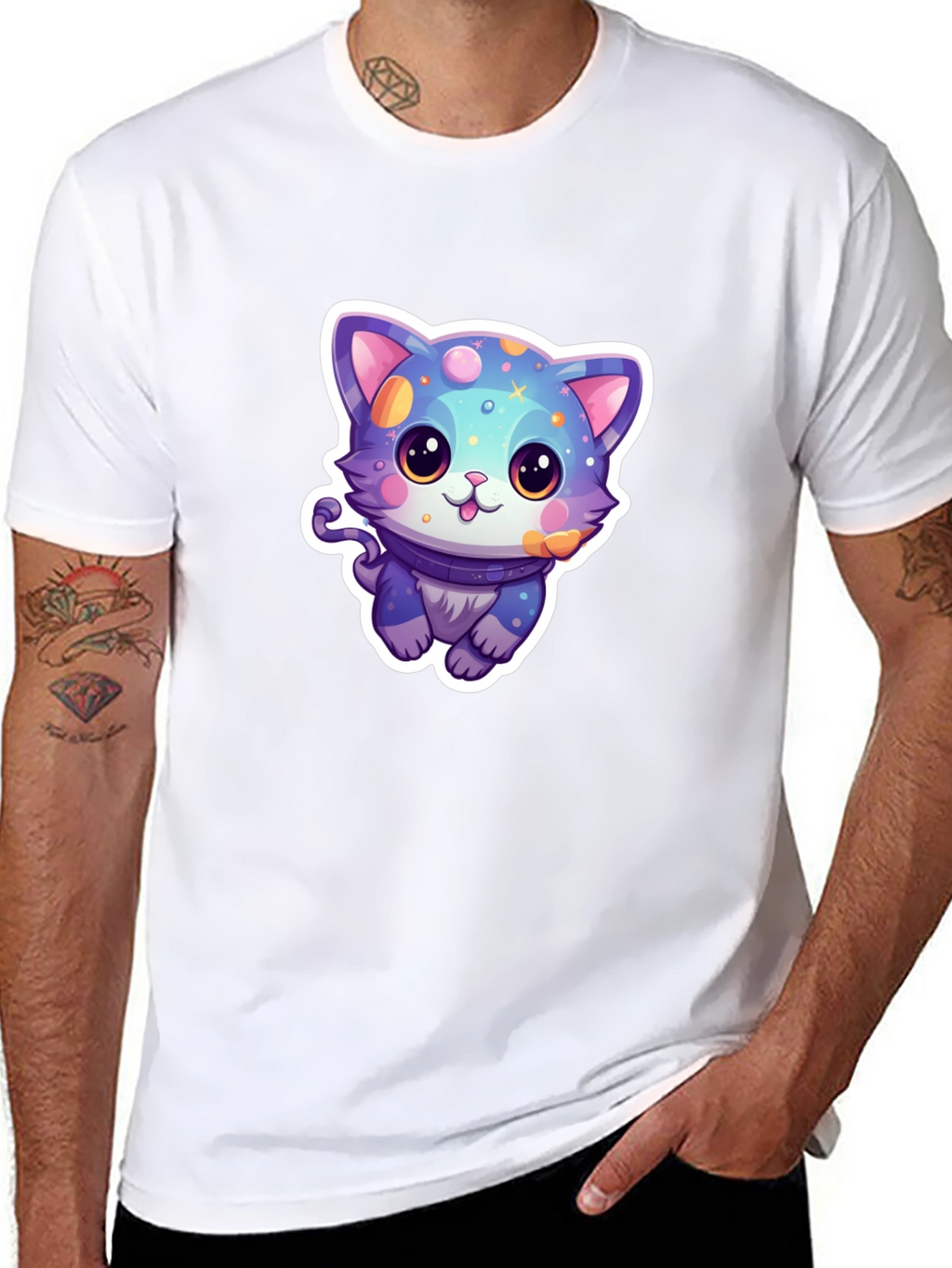 Camiseta Negra con Diseño de Gato Cósmico