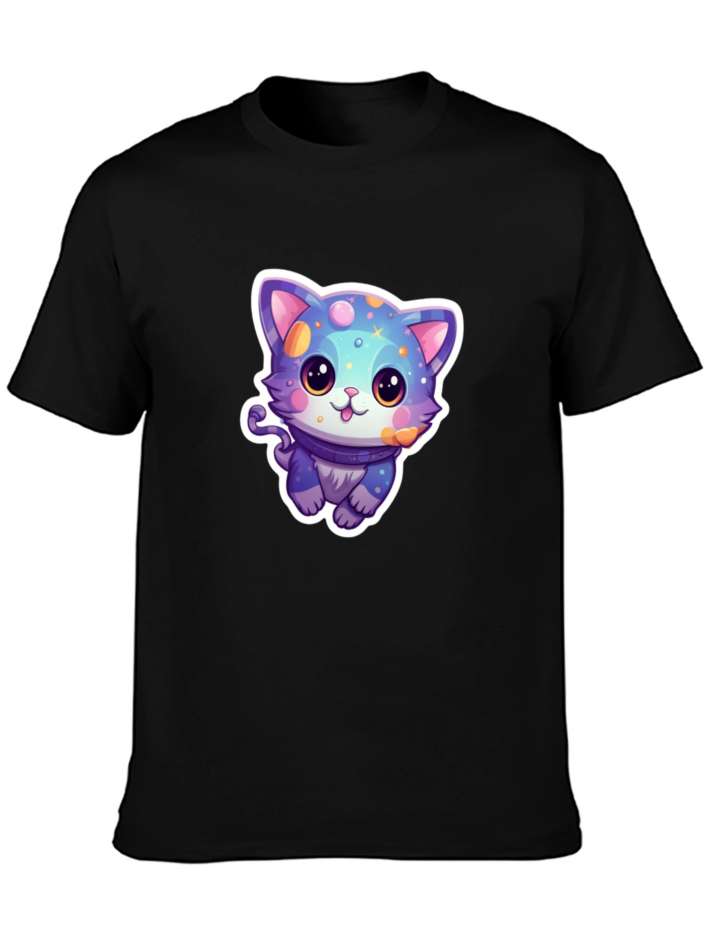 Camiseta Negra con Diseño de Gato Cósmico