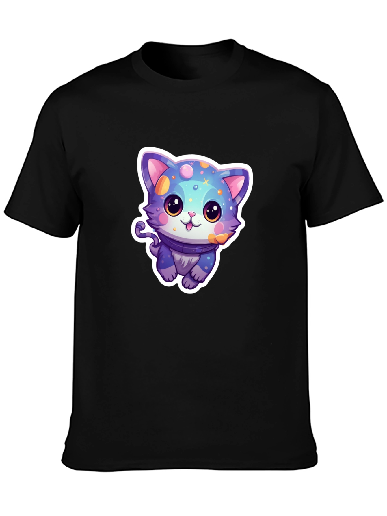 Camiseta Negra con Diseño de Gato Cósmico