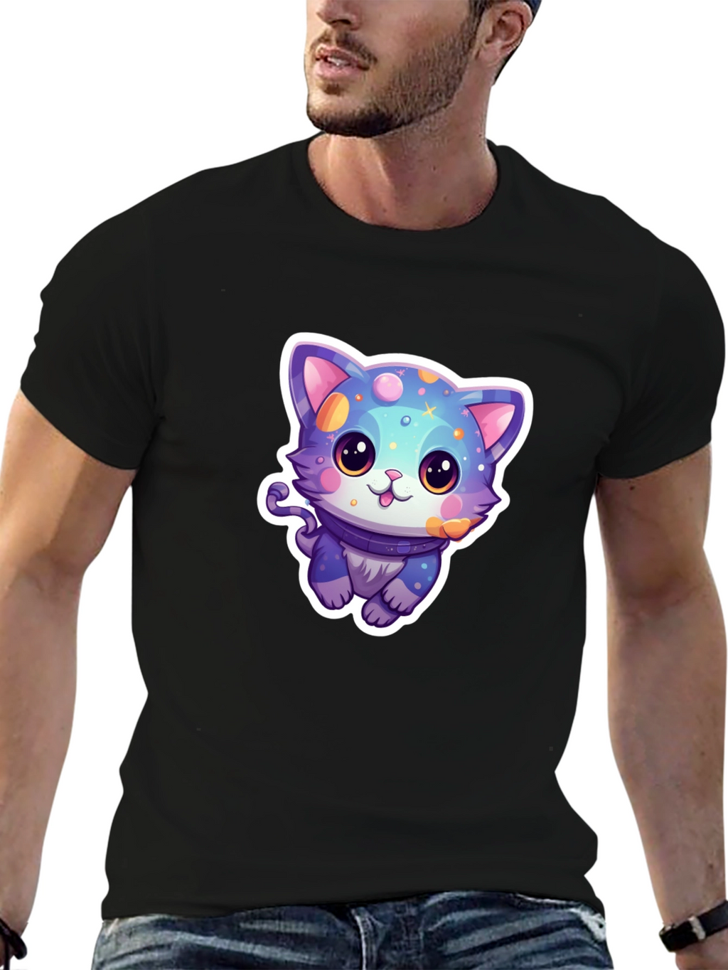 Camiseta Negra con Diseño de Gato Cósmico