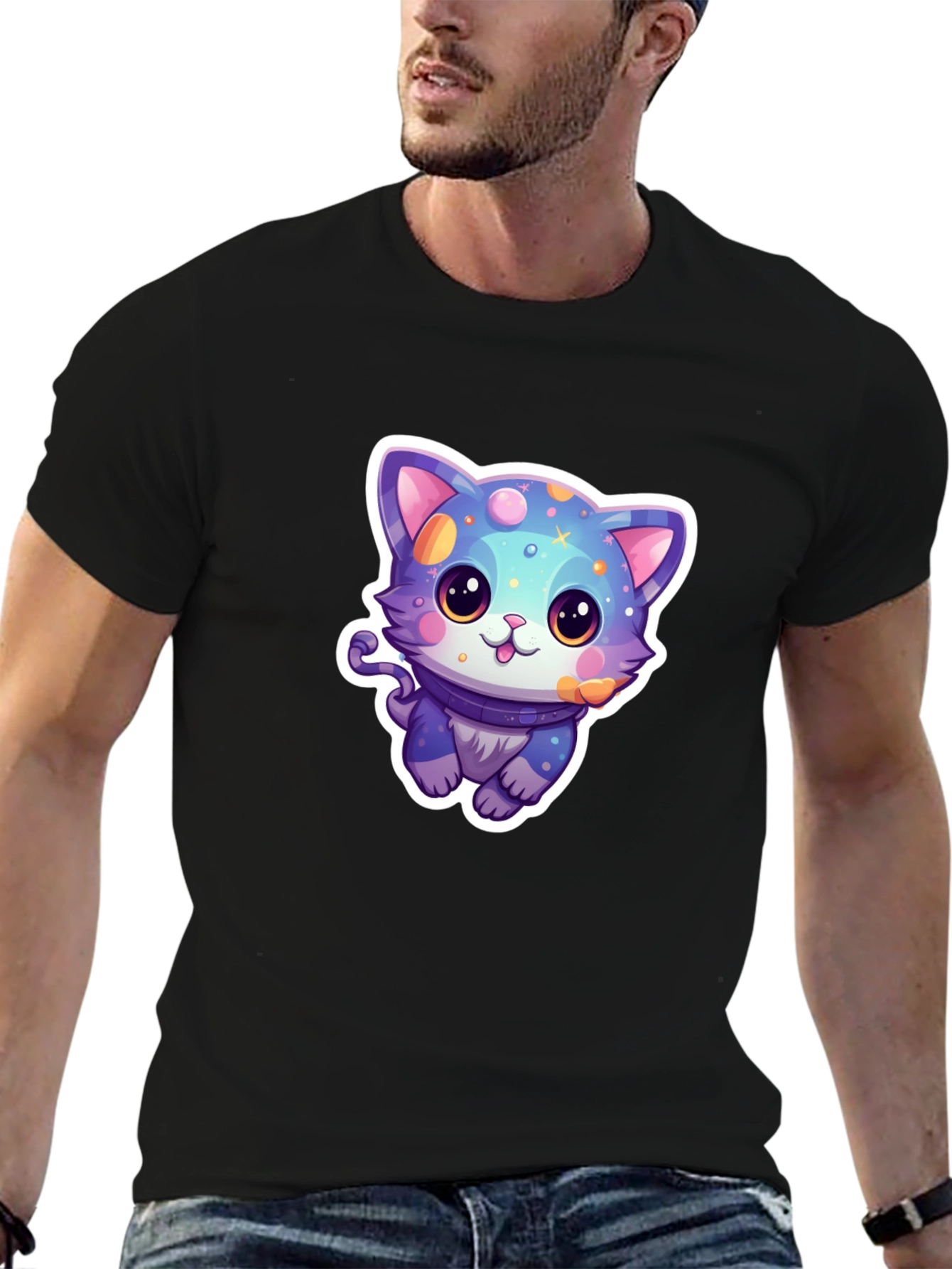 Camiseta Negra con Diseño de Gato Cósmico