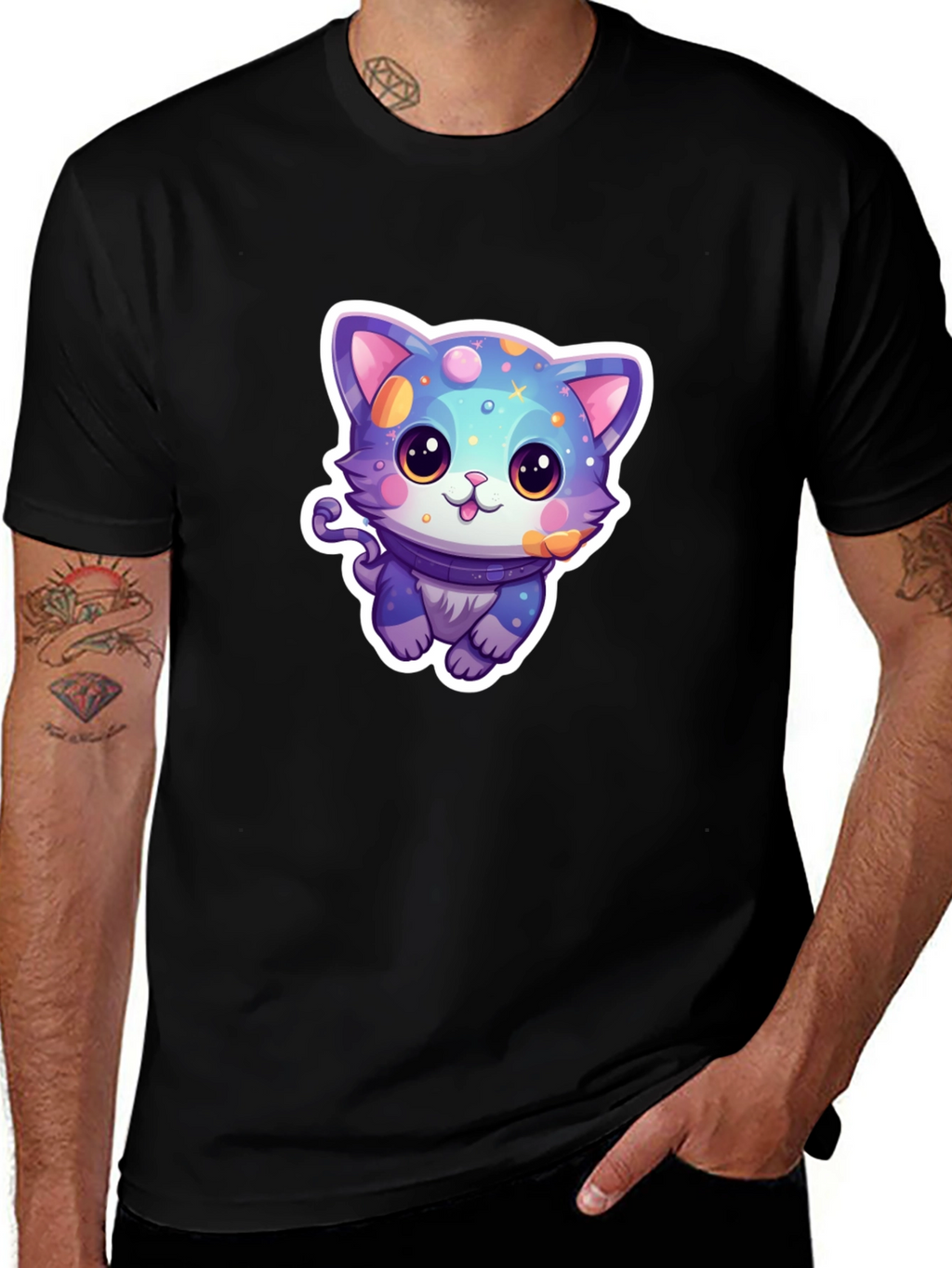 Camiseta Negra con Diseño de Gato Cósmico