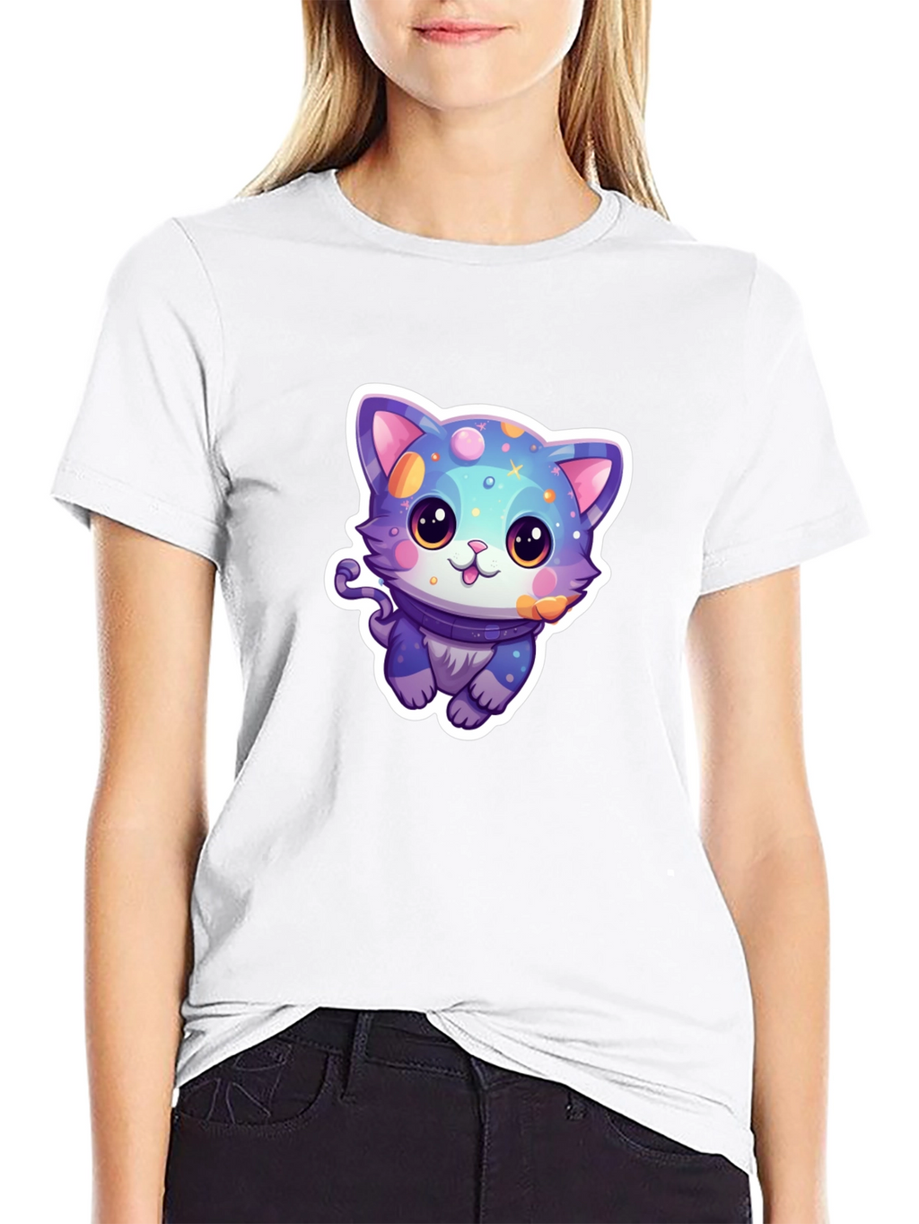 Camiseta Negra con Diseño de Gato Cósmico
